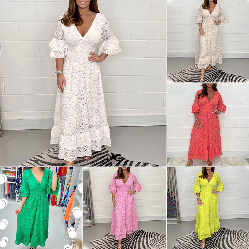 Broderi anglaise midiklänning med volangärm
